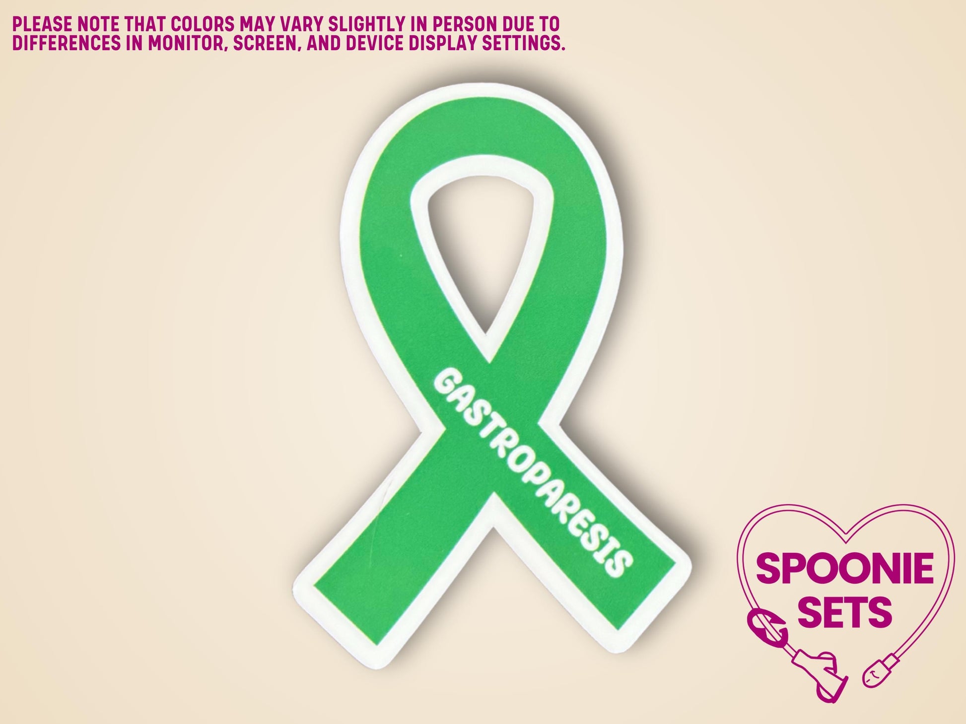 Green awareness ribbon sticker with "Gastroparesis" text, 2"x3", white border, matte or holographic finish.