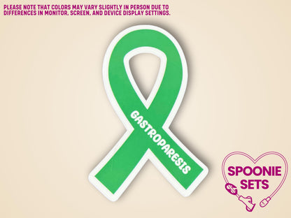 Green awareness ribbon sticker with "Gastroparesis" text, 2"x3", white border, matte or holographic finish.
