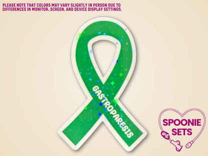 Green awareness ribbon sticker with "Gastroparesis" text and holographic glitter finish.