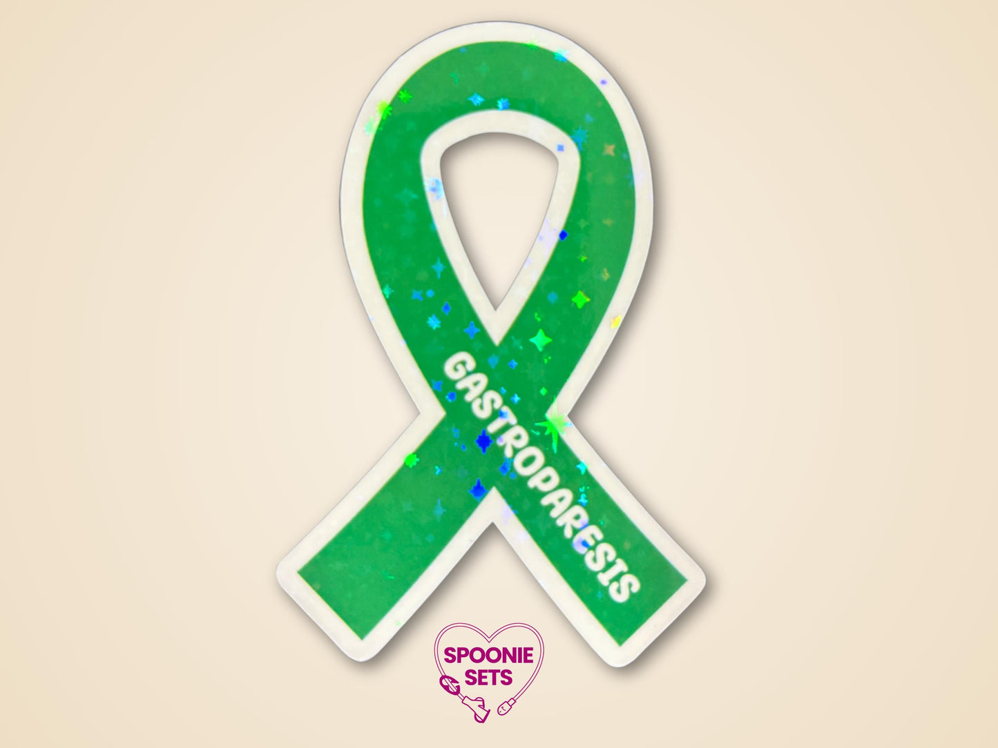 Green awareness ribbon sticker with "Gastroparesis" text and holographic glitter finish.