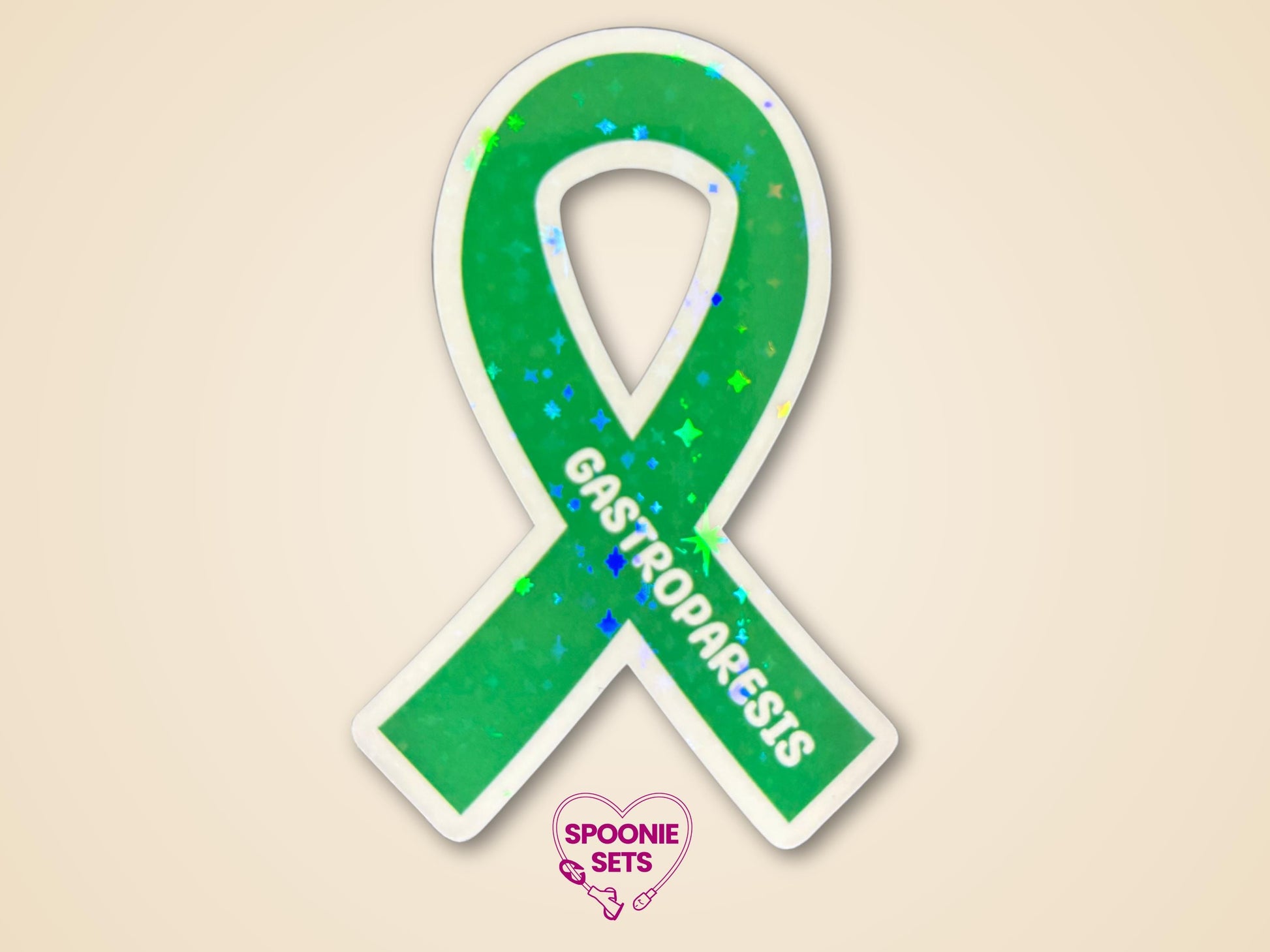 Green awareness ribbon sticker with "Gastroparesis" text and holographic glitter finish.