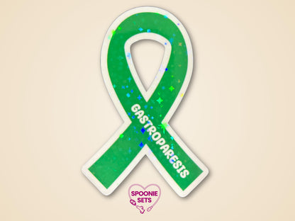 Green awareness ribbon sticker with "Gastroparesis" text and holographic glitter finish.