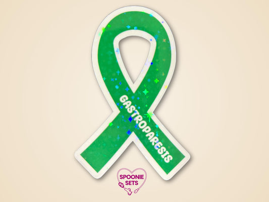 Green awareness ribbon sticker with "Gastroparesis" text and holographic glitter finish.