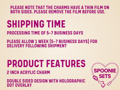 Pink acrylic "Girl Dinner" feeding tube pump and formula keychain with holographic dot overlay.
