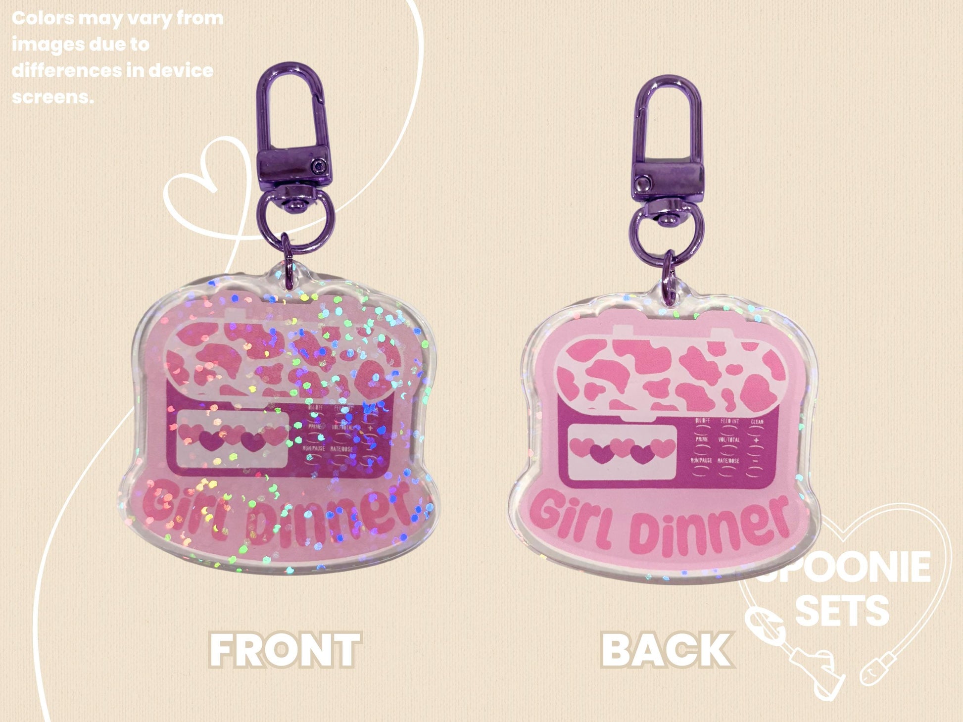 Pink acrylic keychain with a feeding tube pump design, "Girl Dinner" text, and holographic dots.