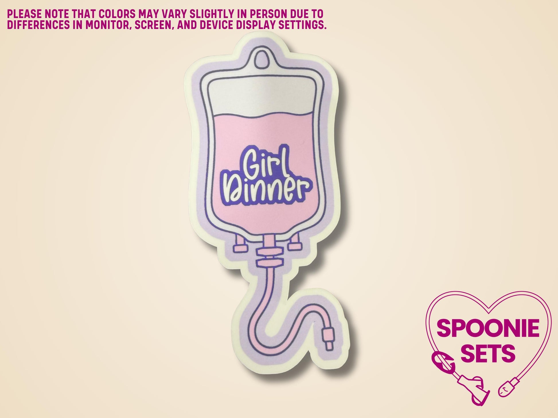 Holographic glitter sticker of a purple TPN bag with pink "Girl Dinner" liquid, 2"x4.3".