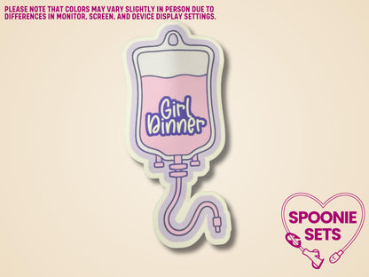 Holographic glitter sticker of a purple TPN bag with pink "Girl Dinner" liquid, 2"x4.3".
