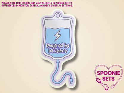 Holographic glitter sticker of a blue IV fluid bag with "Powered by Infusions" text on a purple background.