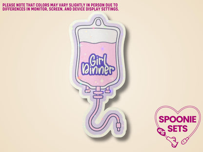Holographic glitter sticker of a purple TPN bag with pink liquid and "Girl Dinner" text.