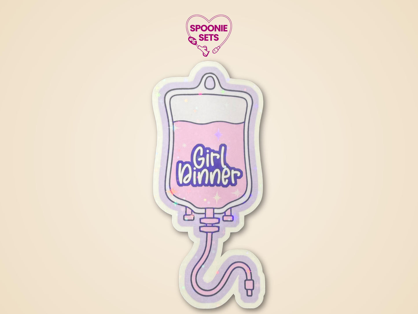 Holographic glitter sticker of a purple TPN bag with pink liquid and "Girl Dinner" text.