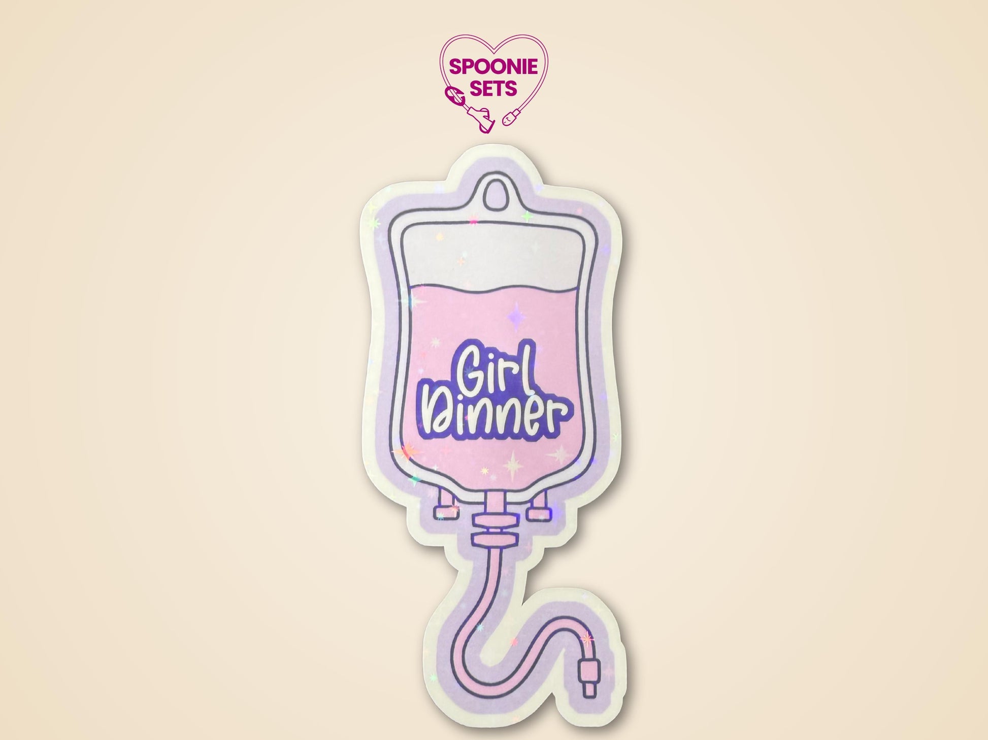 Holographic glitter sticker of a purple TPN bag with pink liquid and "Girl Dinner" text.