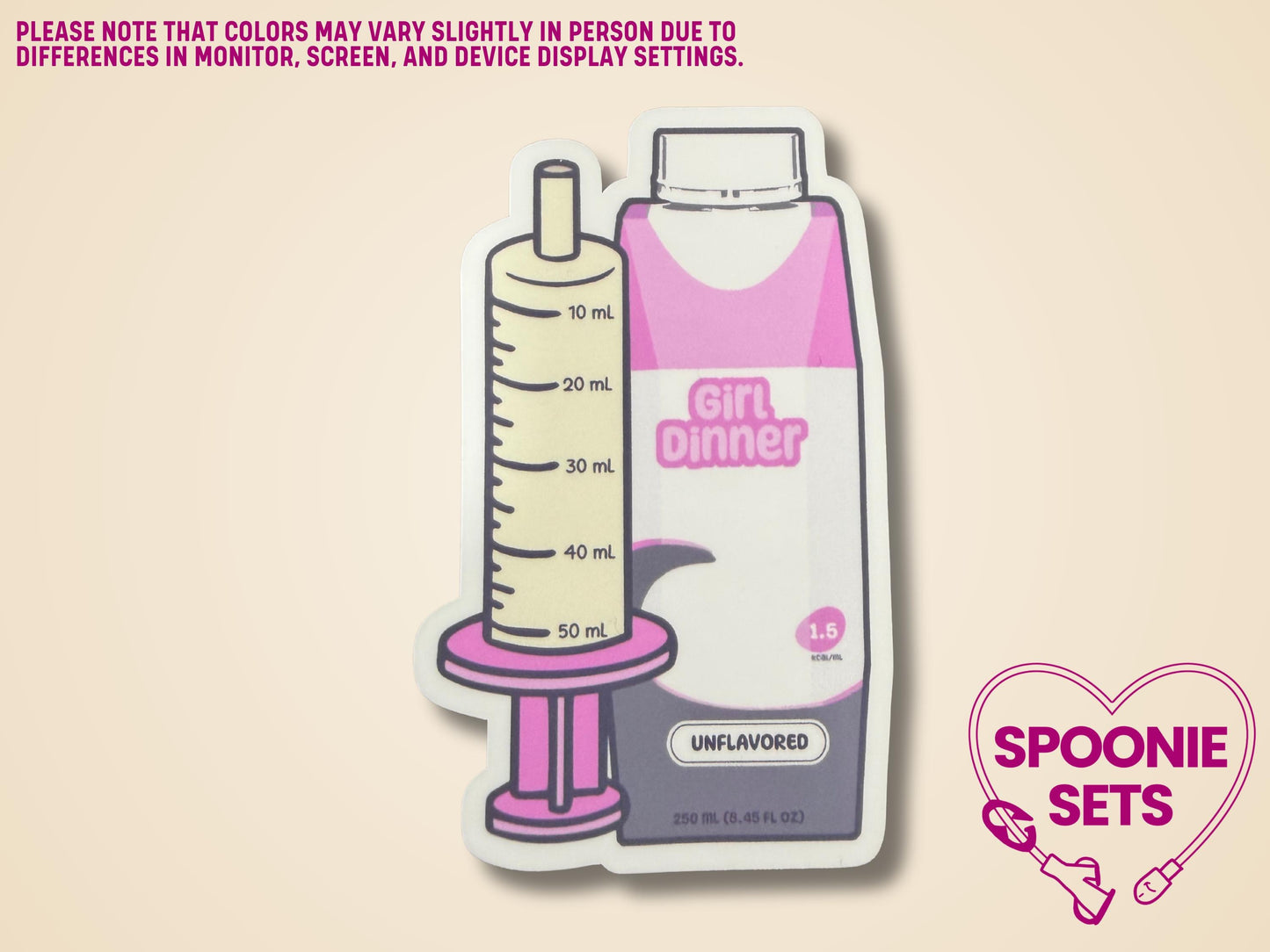 Holographic glitter sticker of a pink formula bottle and syringe with "Girl Dinner" text.