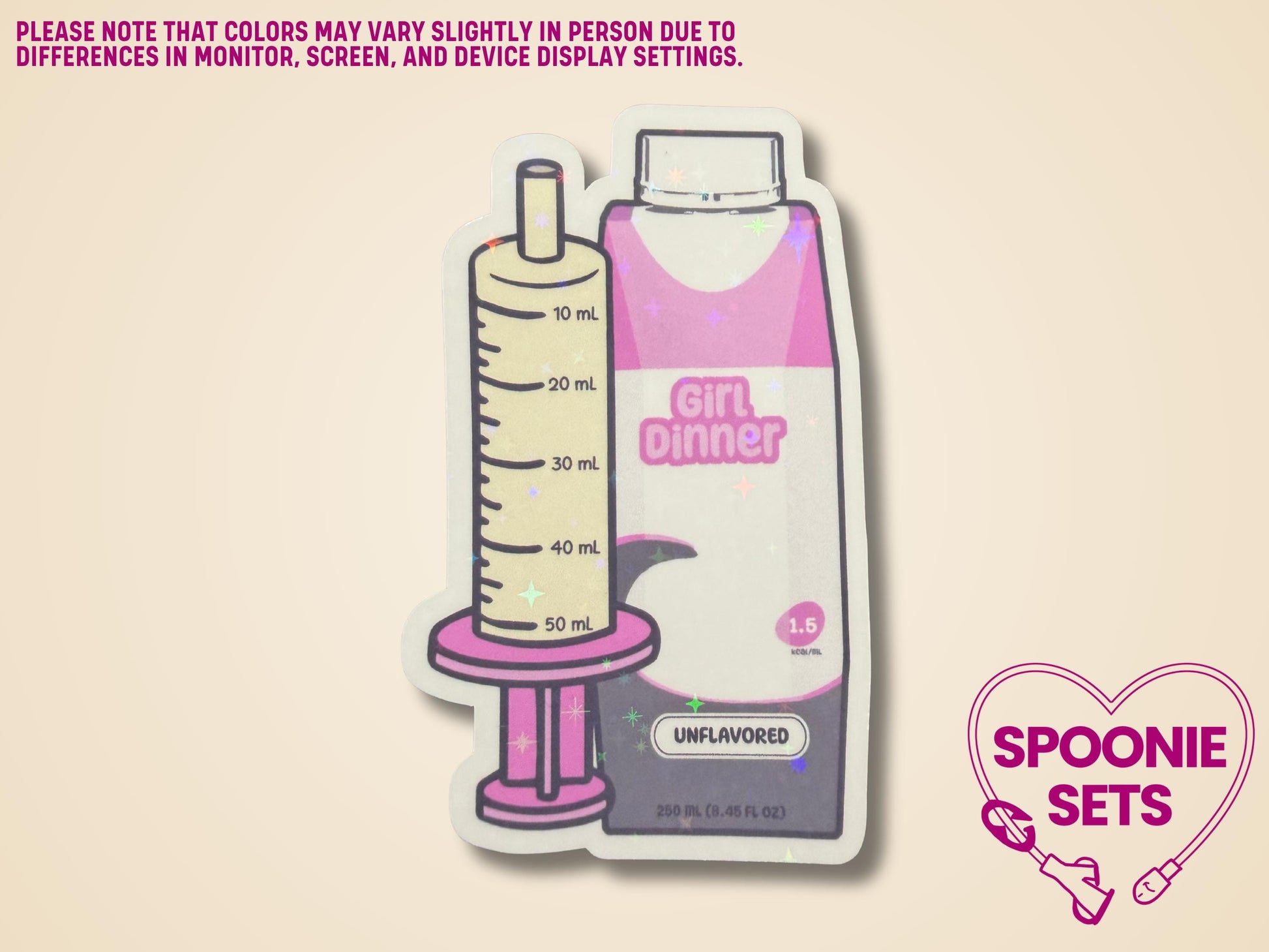 Holographic glitter sticker of a pink "Girl Dinner" formula bottle and syringe.