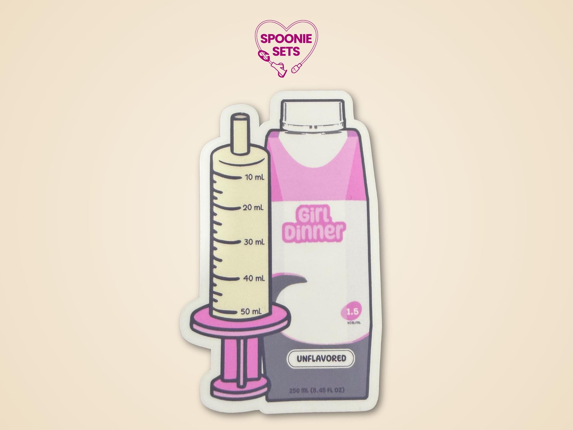 Holographic glitter sticker of a pink formula bottle labeled "Girl Dinner" and a syringe.