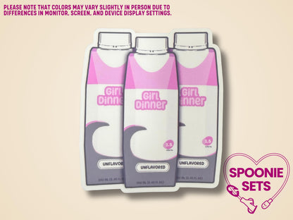 Holographic glitter sticker featuring three purple "Girl Dinner" formula bottles, 2.6" x 3".