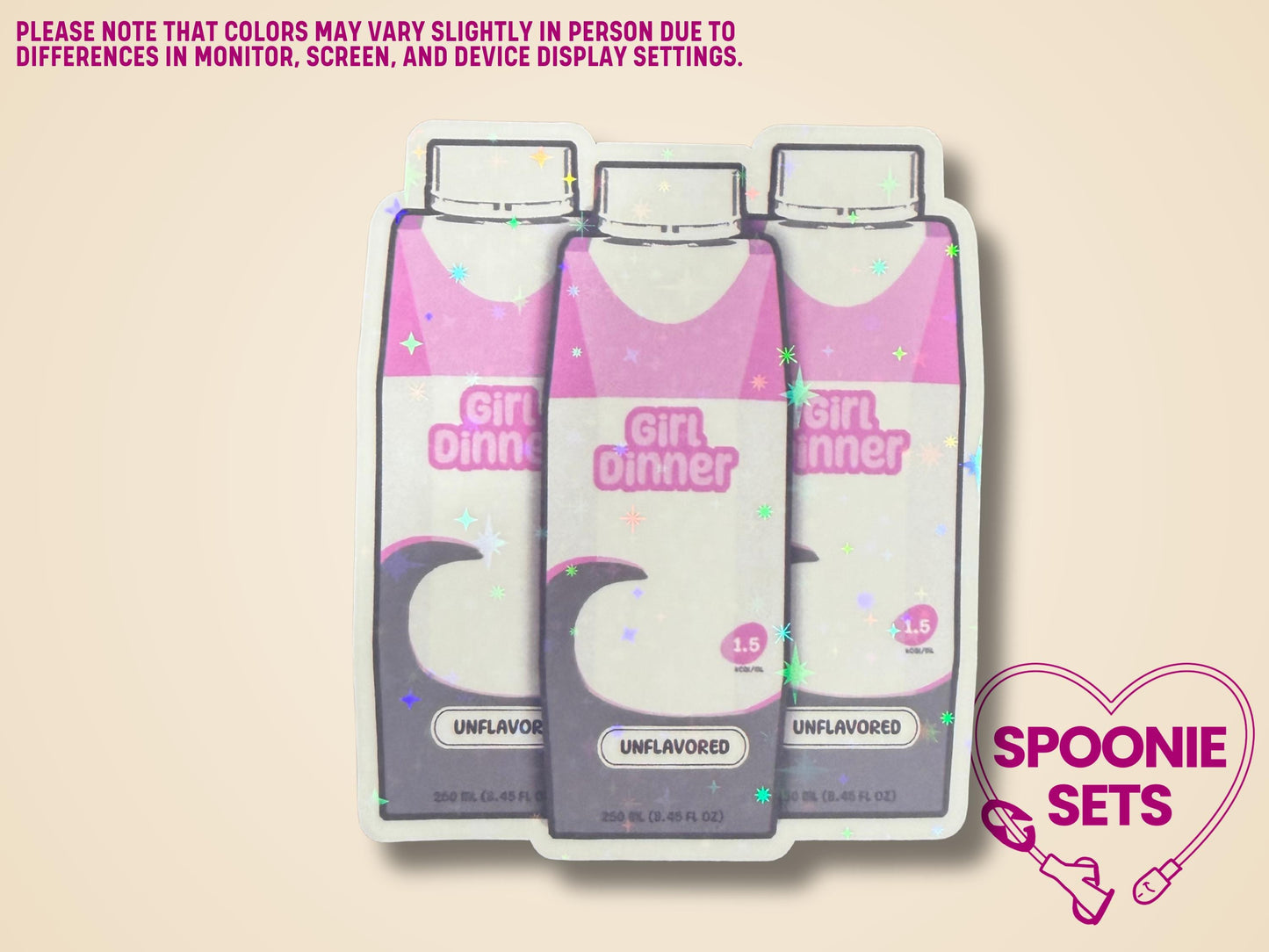 Holographic glitter sticker featuring three purple "Girl Dinner" formula bottles, 2.6"x3".