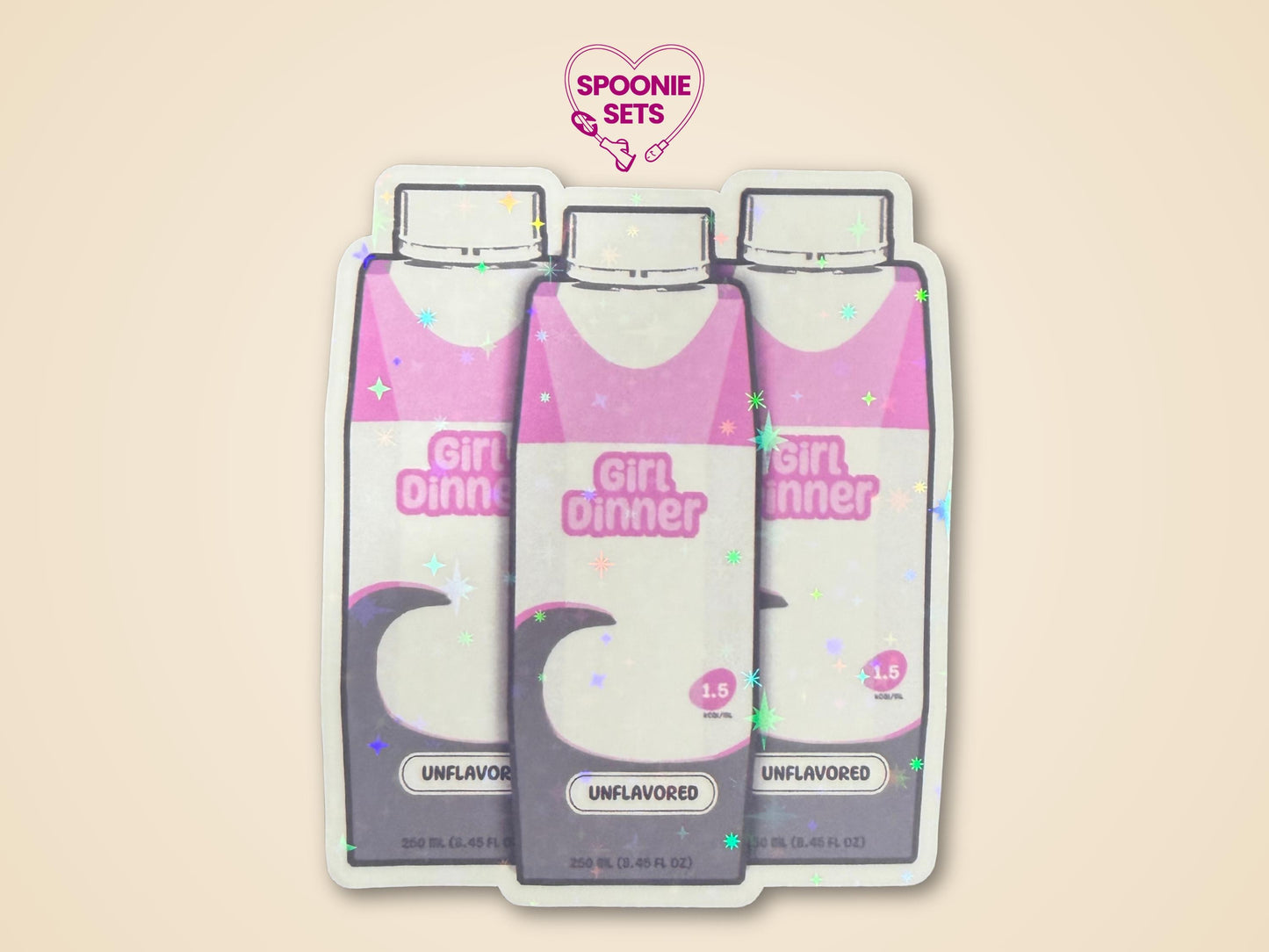 Holographic glitter sticker featuring three purple formula bottles with "Girl Dinner" text and "Unflavored.