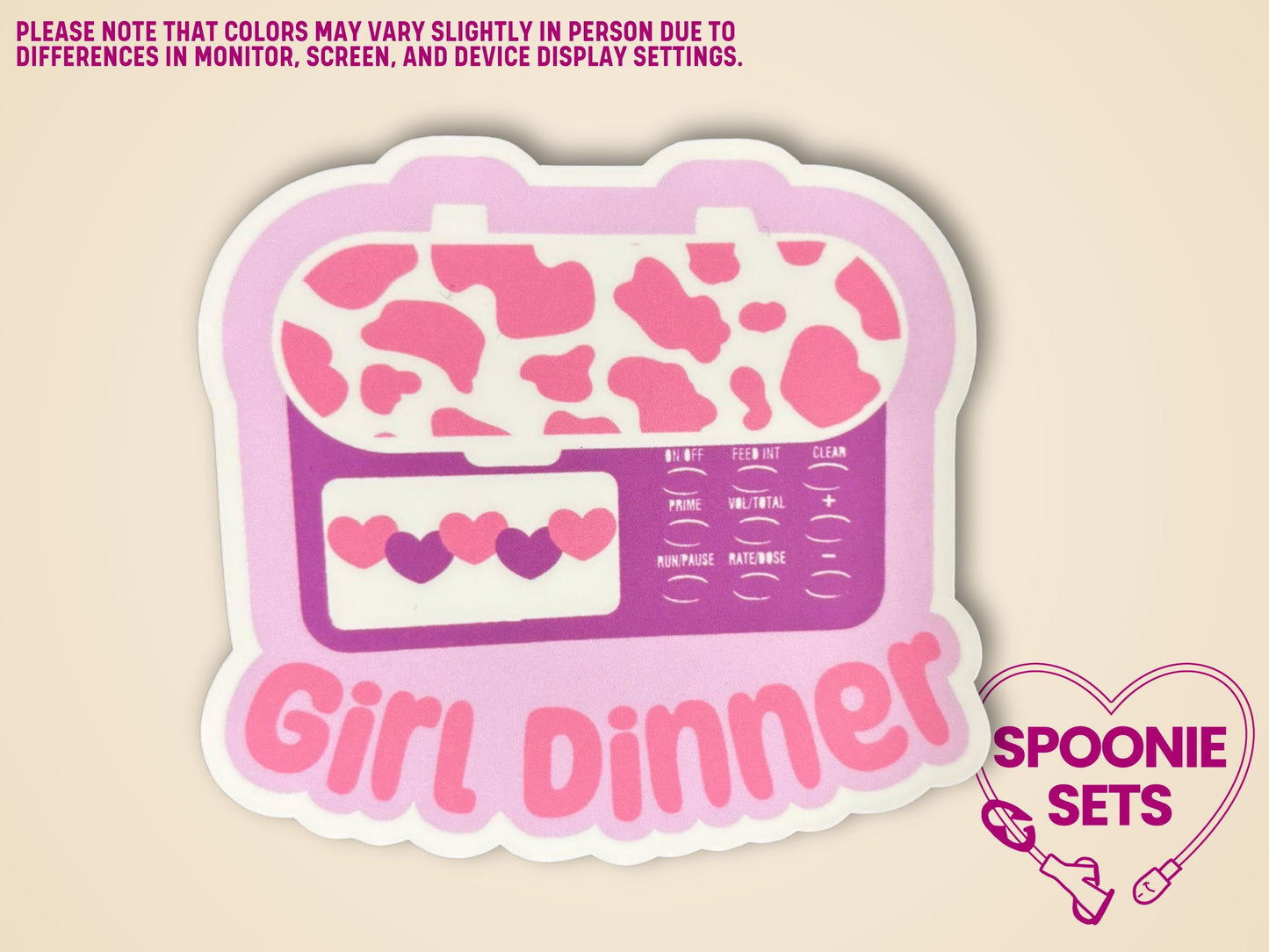 Holographic glitter sticker of a pink feeding tube pump with cow print and "Girl Dinner" text.