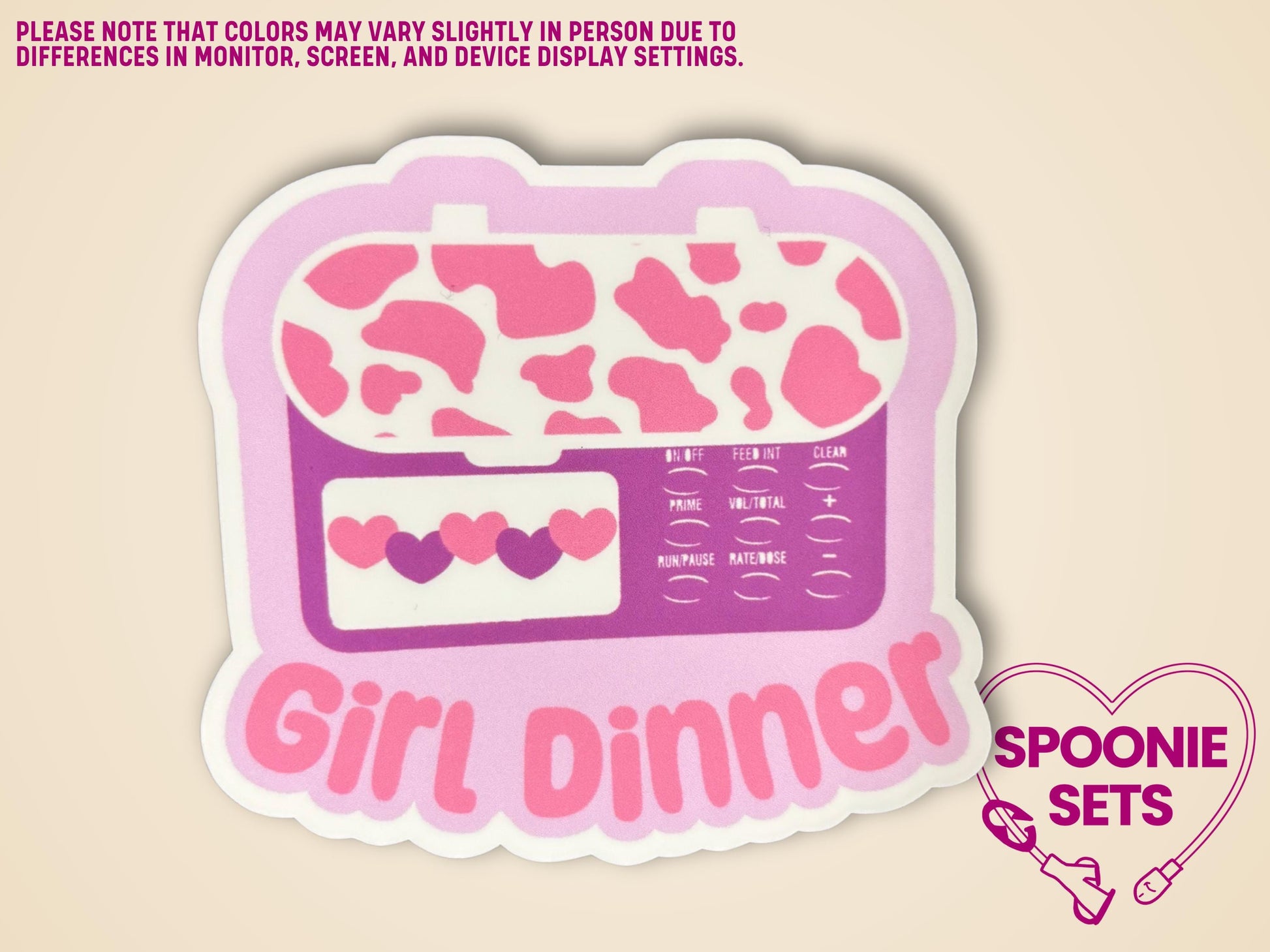 Holographic glitter sticker of a pink feeding tube pump with cow print and "Girl Dinner" text.