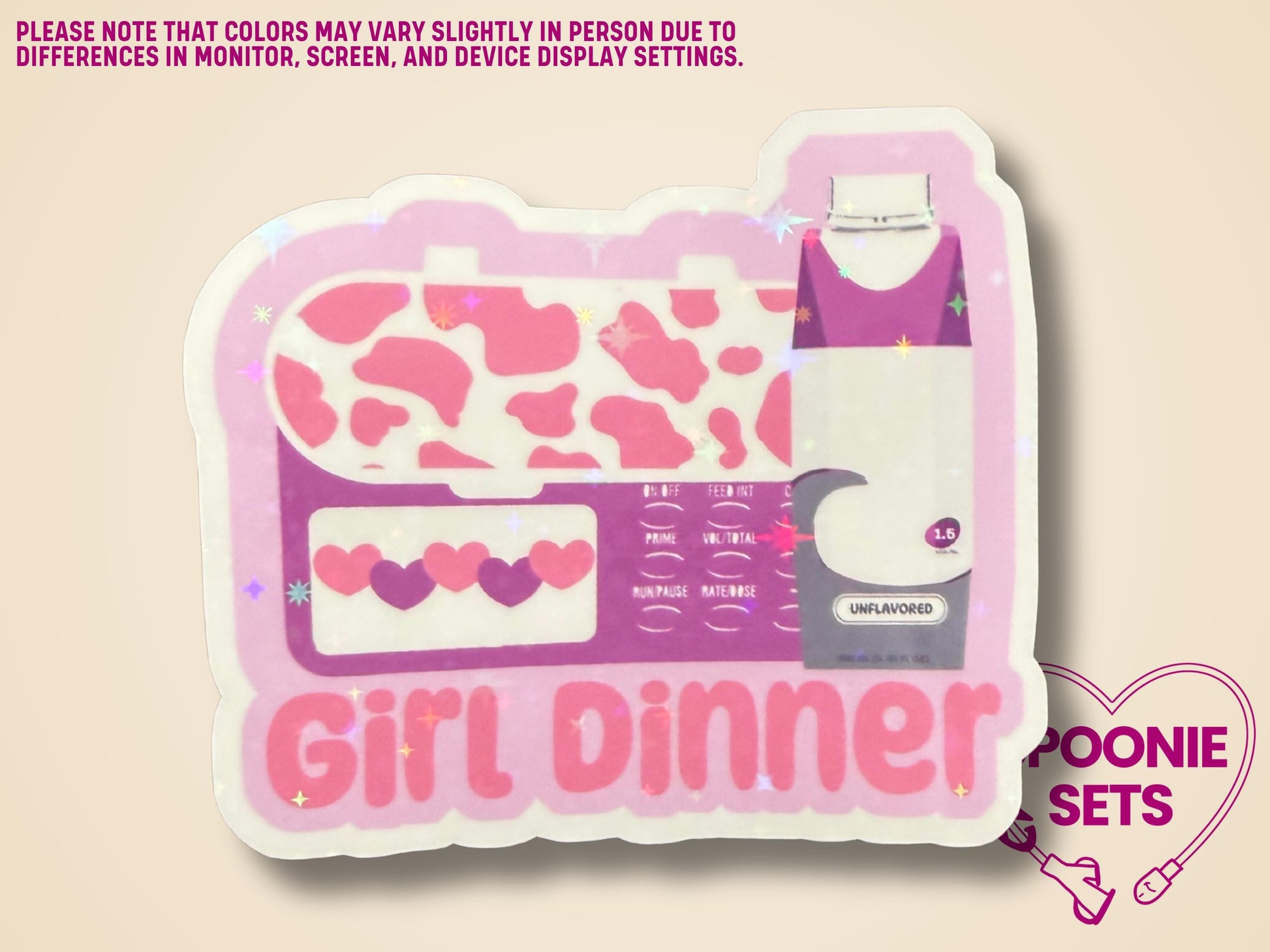 Holographic glitter sticker of a pink feeding tube pump with cow print and "Girl Dinner" text.