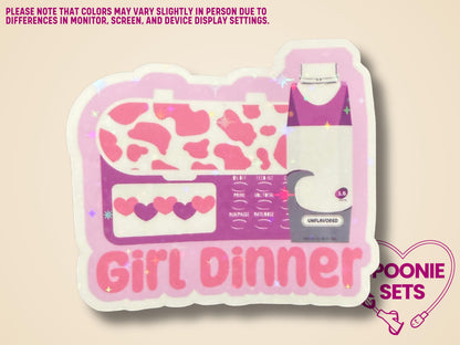 Holographic glitter sticker of a pink feeding tube pump with cow print and "Girl Dinner" text.