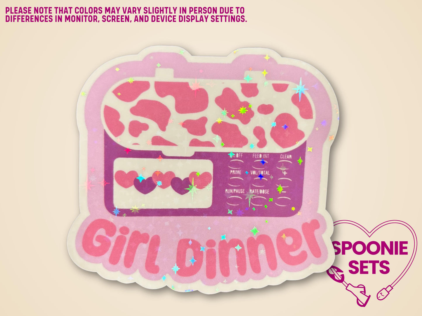 Holographic glitter sticker of a pink feeding tube pump with cow print and "Girl Dinner" text.