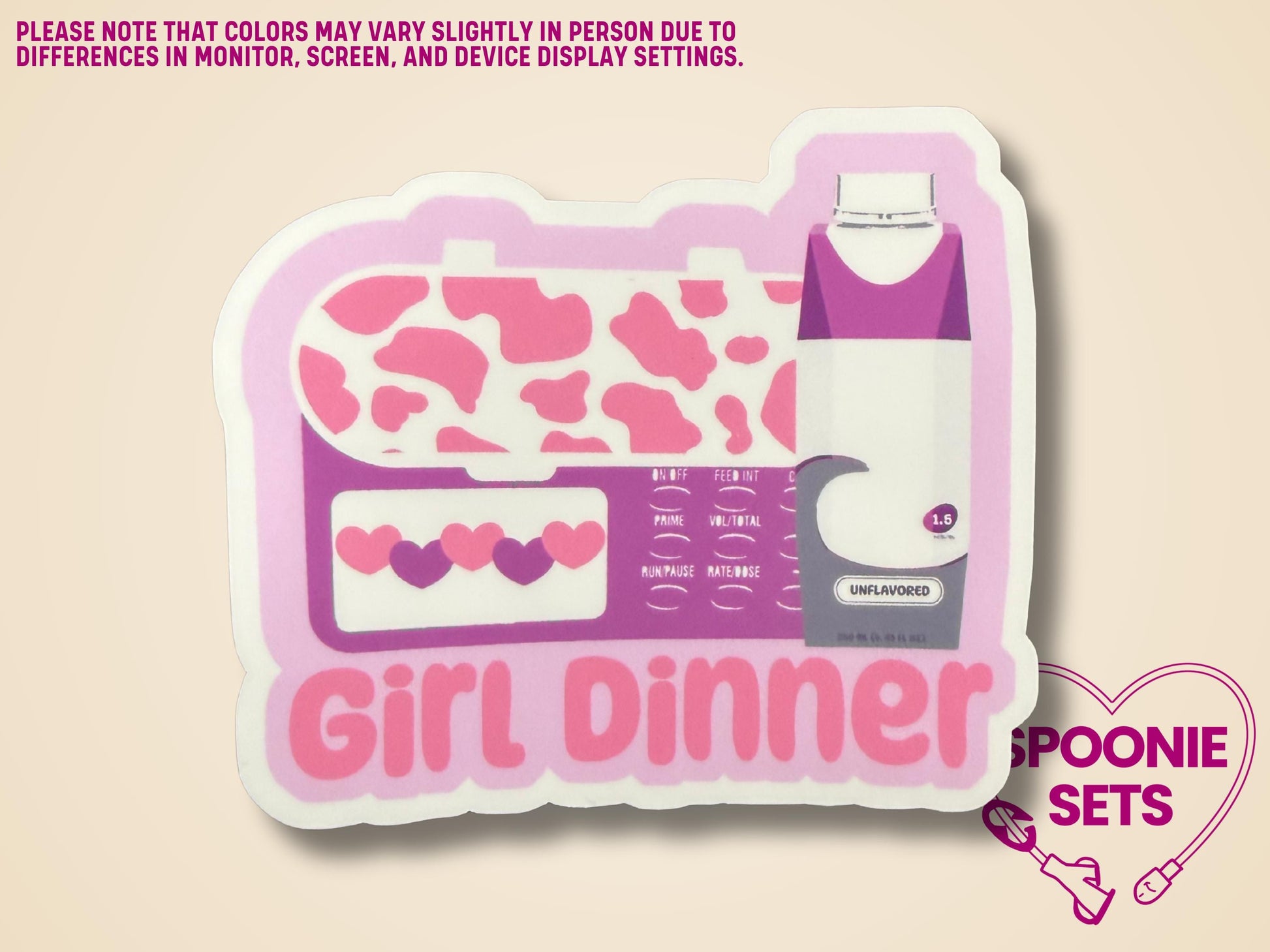 Holographic glitter sticker with a pink feeding tube pump, purple formula bottle, and "Girl Dinner" text.