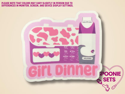 Holographic glitter sticker with a pink feeding tube pump, purple formula bottle, and "Girl Dinner" text.