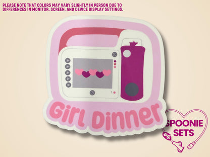 Holographic glitter sticker of a pink feeding tube pump with "Girl Dinner" text.