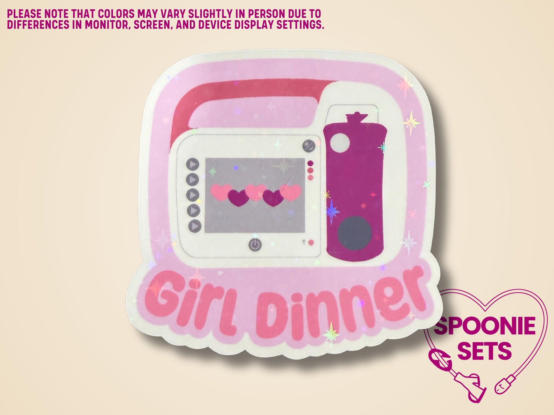 Holographic glitter sticker of a pink feeding tube pump with "Girl Dinner" text.