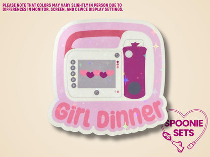 Holographic glitter sticker of a pink feeding tube pump with "Girl Dinner" text.