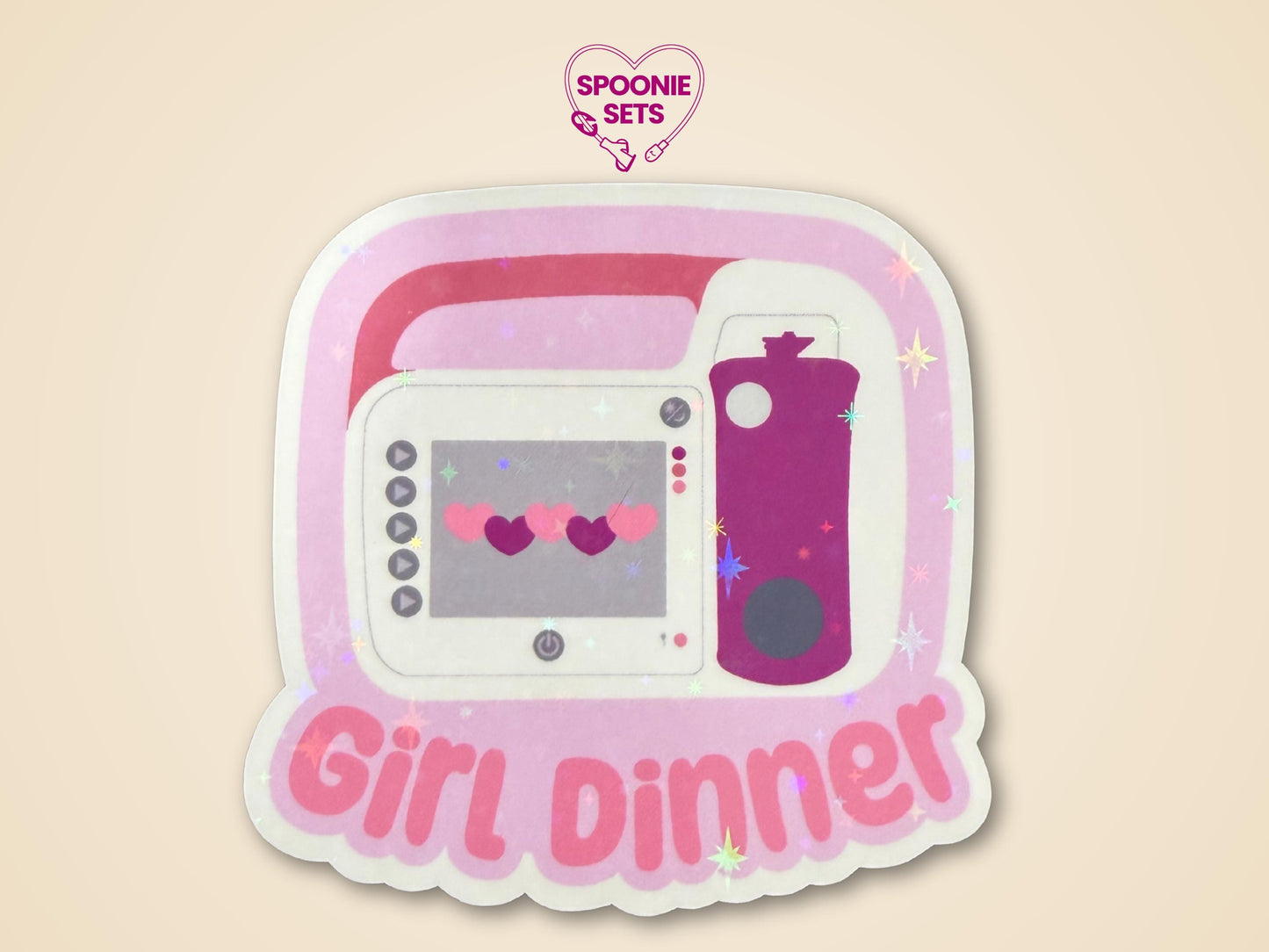 Holographic glitter sticker of a pink feeding tube pump with "Girl Dinner" text.