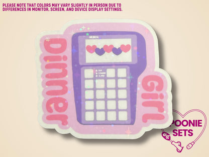 Holographic glitter sticker of a purple TPN pump with "Girl Dinner" text and pink hearts.