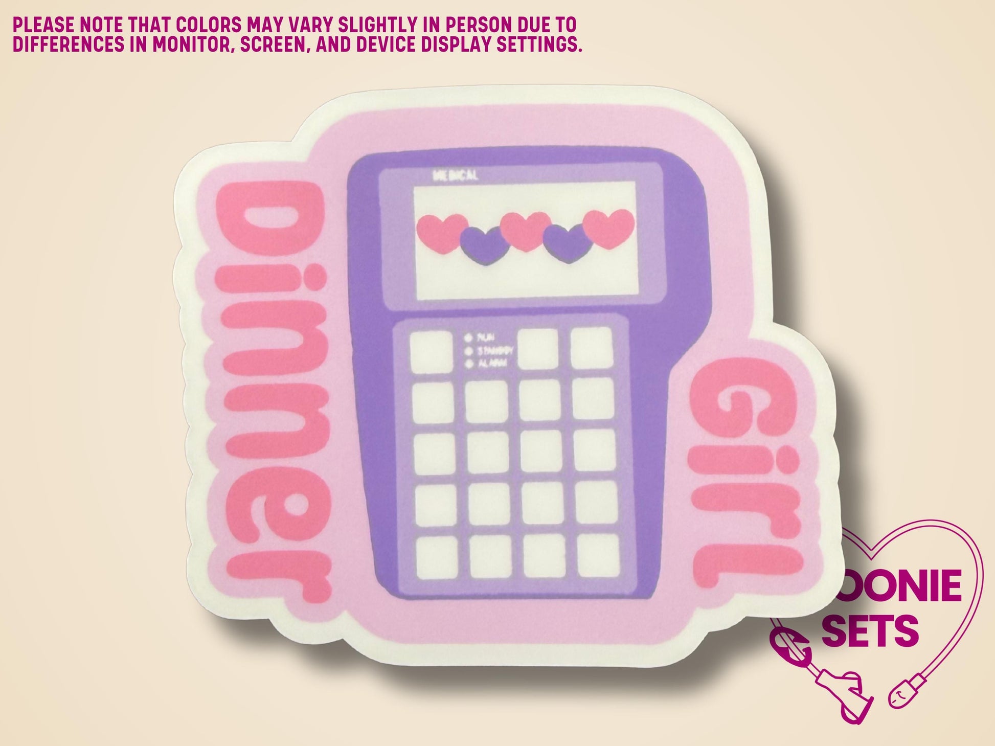 Holographic glitter sticker of a purple TPN pump with "Girl Dinner" text and pink hearts.
