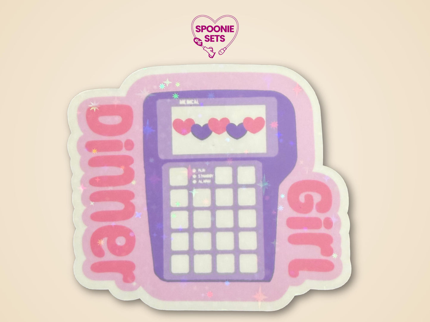Holographic glitter sticker featuring a purple TPN pump with "Girl Dinner" text and pink/purple hearts.