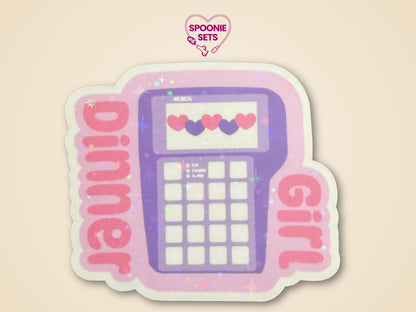Holographic glitter sticker featuring a purple TPN pump with "Girl Dinner" text and pink/purple hearts.