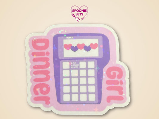 Holographic glitter sticker featuring a purple TPN pump with "Girl Dinner" text and pink/purple hearts.