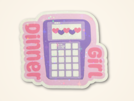 A holographic sparkle sticker featuring a purple TPN pump with pink and purple hearts on its screen, surrounded by the words 'Dinner' and 'Girl' in pink bubble letters on a light cream background.