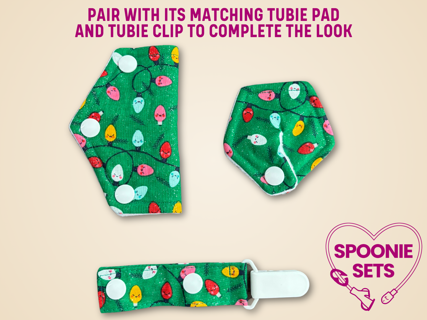 Green patterned tubie pad, clip, and spoonie set on a beige background with promotional text.