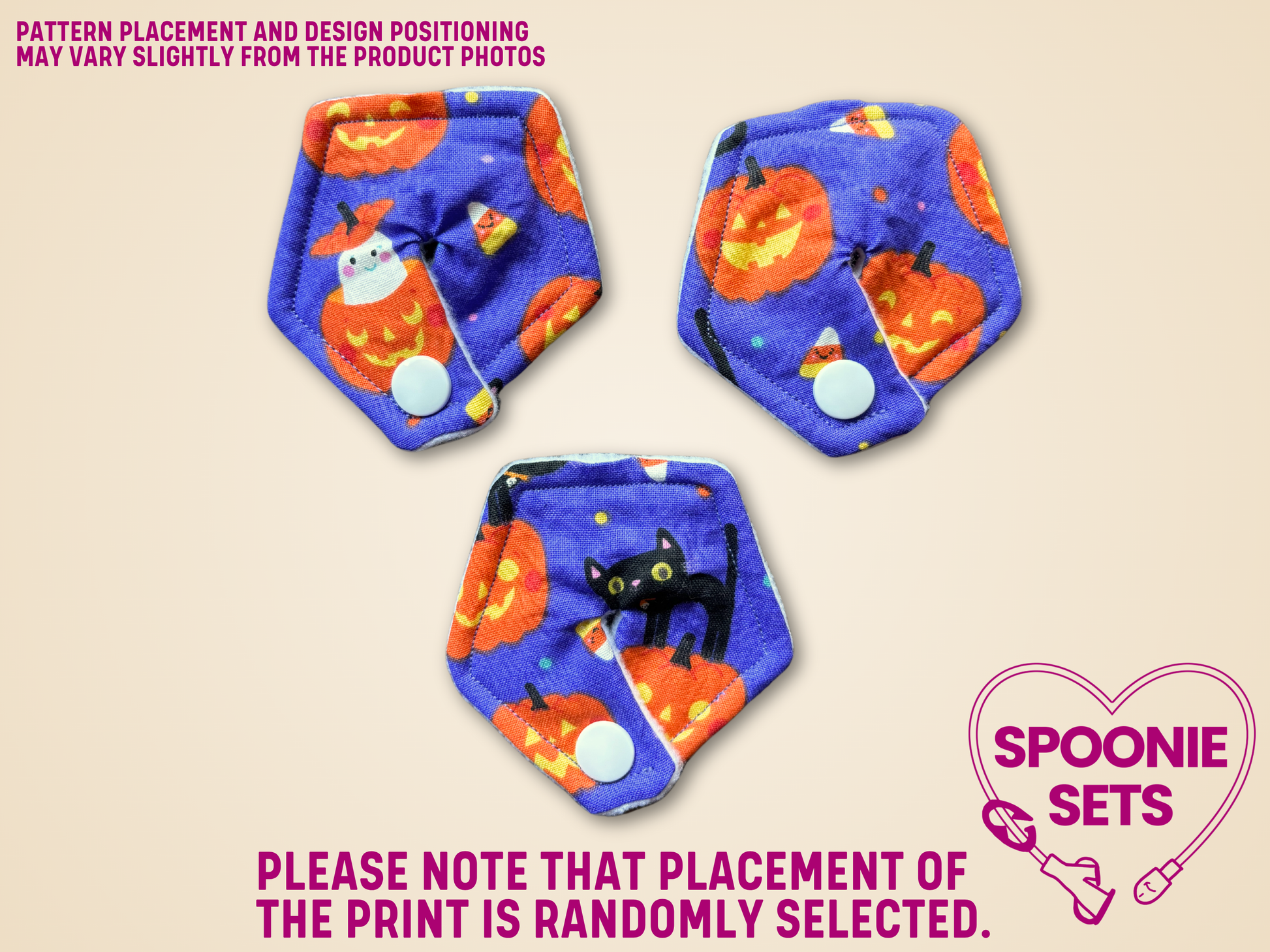 Three colorful padswith Halloween-themed designs on a beige background, featuring the brand 'Spoonie Sets'.