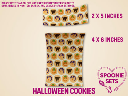 Halloween Cookies tubie tape sheets, 2x5 and 4x6 inches, with pumpkins, ghosts, and black cats.