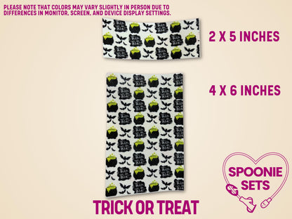Halloween "Trick or Treat" tubie tape with black bats and green potion cauldrons on white Hypafix.