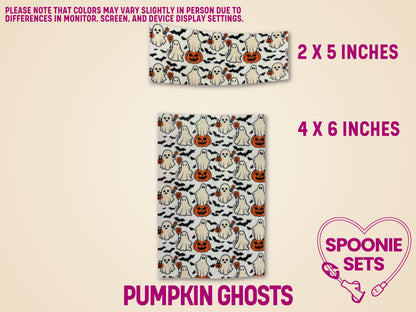 Halloween tubie tape with pumpkin, ghost, and bat designs on white Hypafix, shown in 2x5 and 4x6 inch sizes.