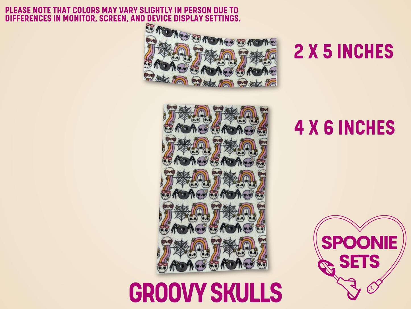 Halloween Tubie Tape with "Groovy Skulls" design, featuring colorful skulls, rainbows, and spiders on white Hypafix tape.