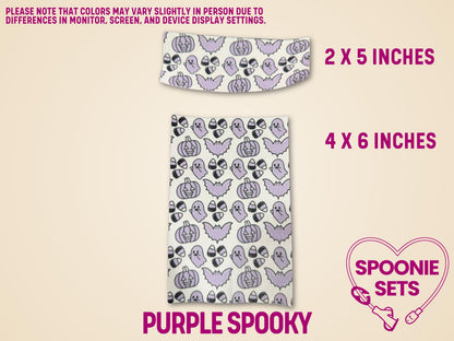 Purple spooky Halloween tubie tape sheets with pumpkins, ghosts, and bats, shown in 2x5 and 4x6 inch sizes.