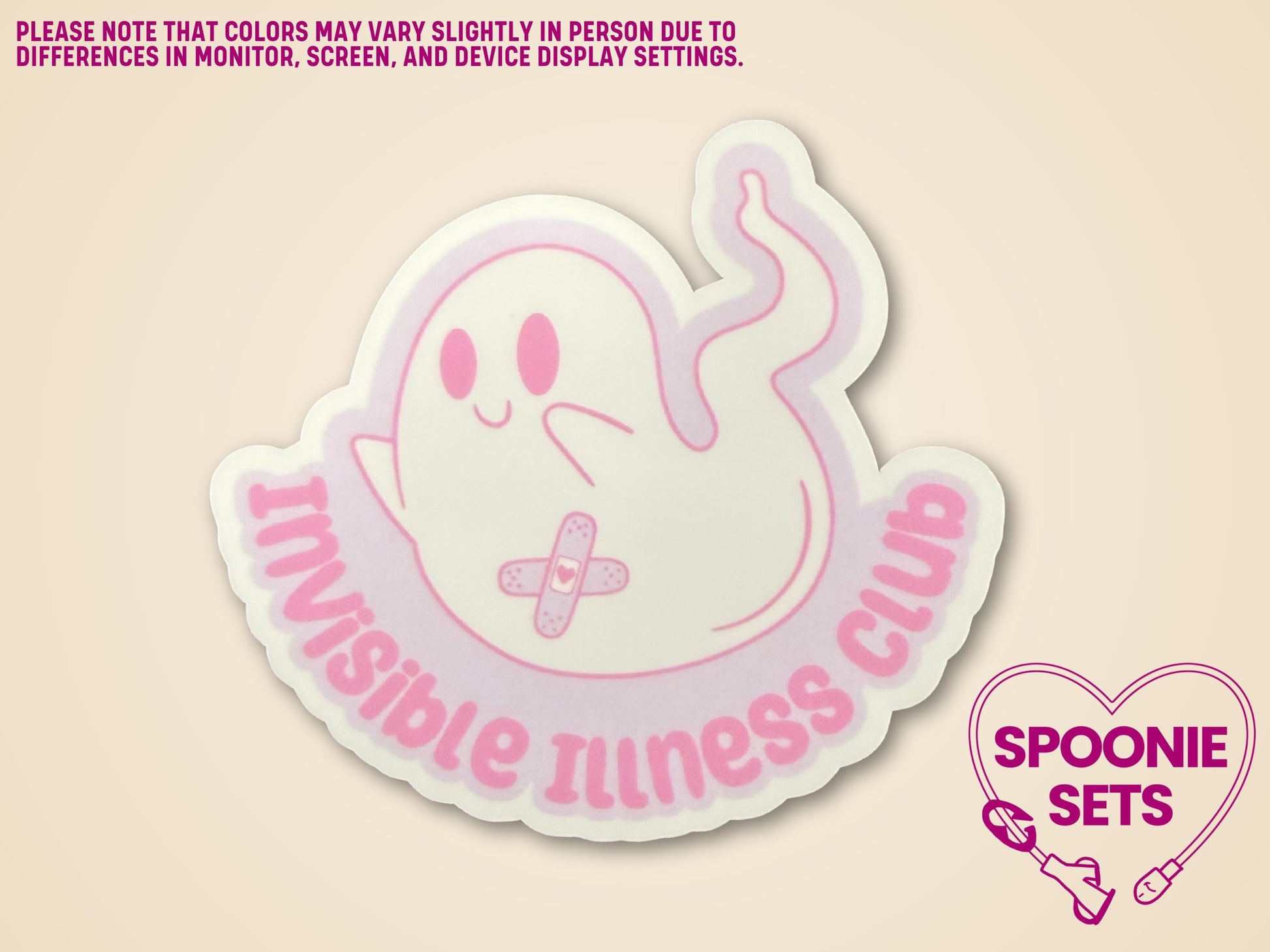 White ghost sticker with pink outline and "Invisible Illness Club" text, featuring a band-aid.