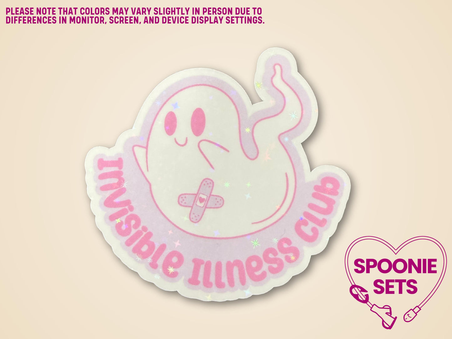Holographic glitter sticker of a cute ghost with a band-aid, surrounded by "Invisible Illness Club" text.