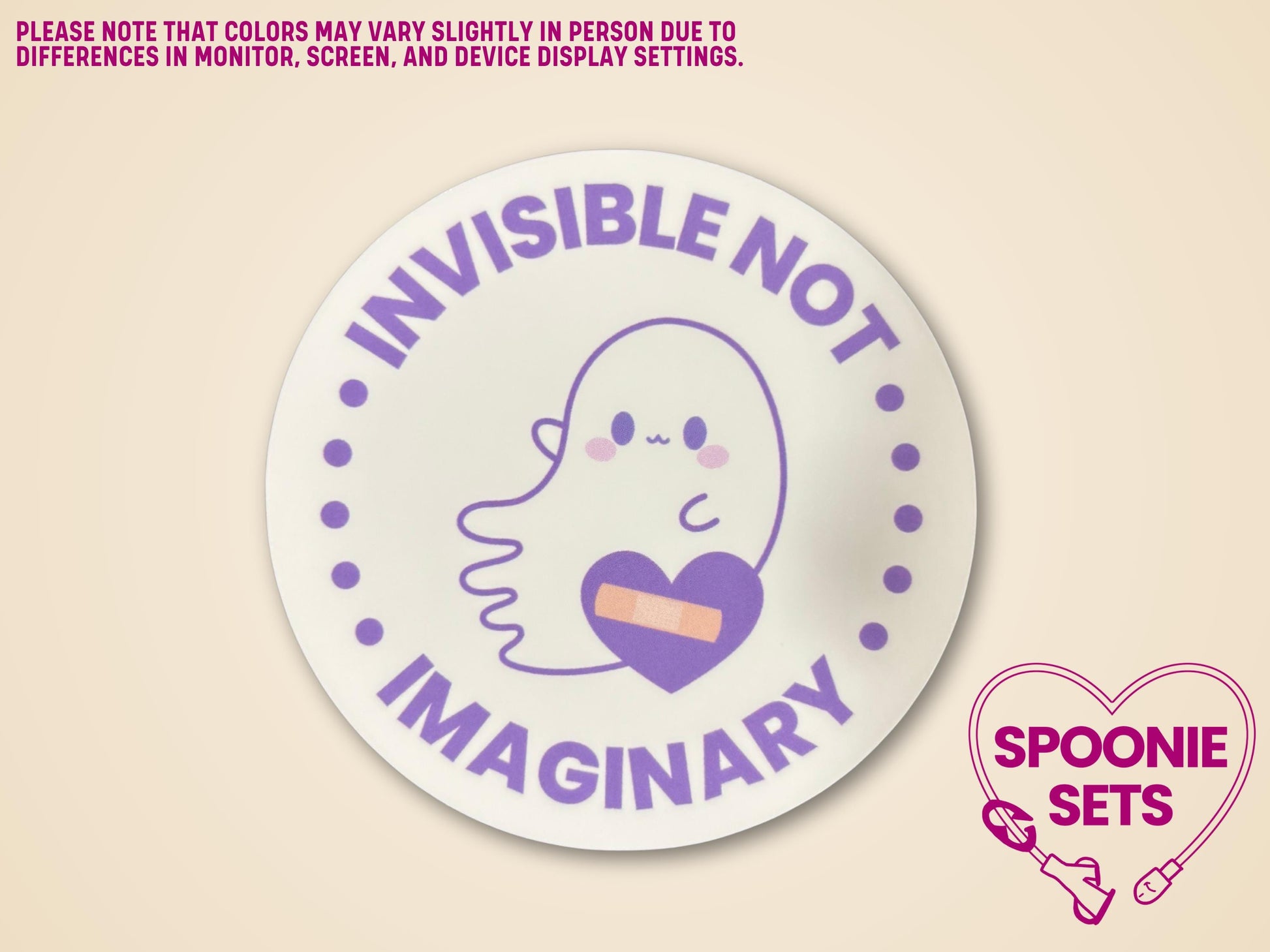 Round white sticker with a cute purple ghost, a band-aid heart, and "Invisible Not Imaginary" text.