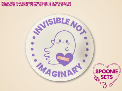 Round white sticker with a cute purple ghost, a band-aid heart, and "Invisible Not Imaginary" text.