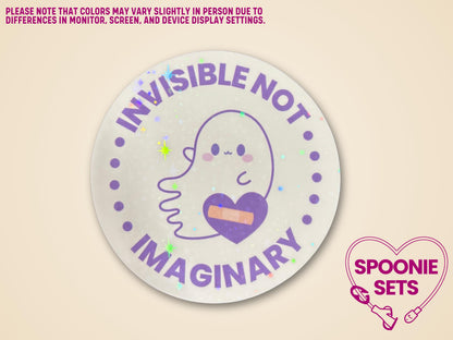 Round "Invisible Not Imaginary" ghost sticker with a purple heart bandage and holographic glitter.
